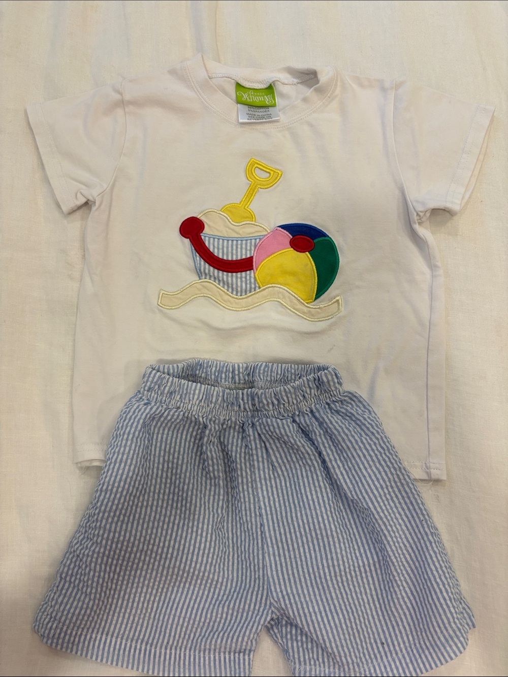 Kids White Beach Appliqué Tee & Blue Stripe Shorts Matching Set